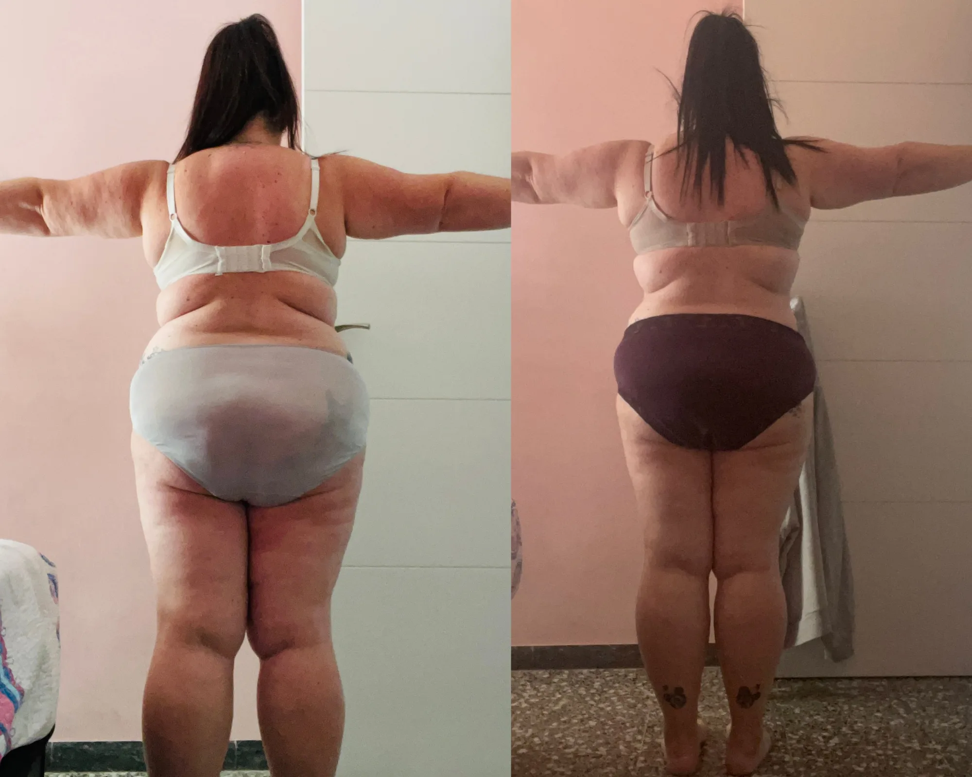 Evolución física de Esther vista de espalda, antes y después